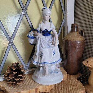 Vintage Porcelain Figurine - Delft Blue Style - Romantic Victorian Young Woman